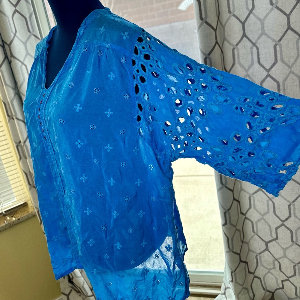 EUC Johnny Was Semi-Sheer Cerulean Blue Floral Embroidered Blouse - Picture 5 of 13